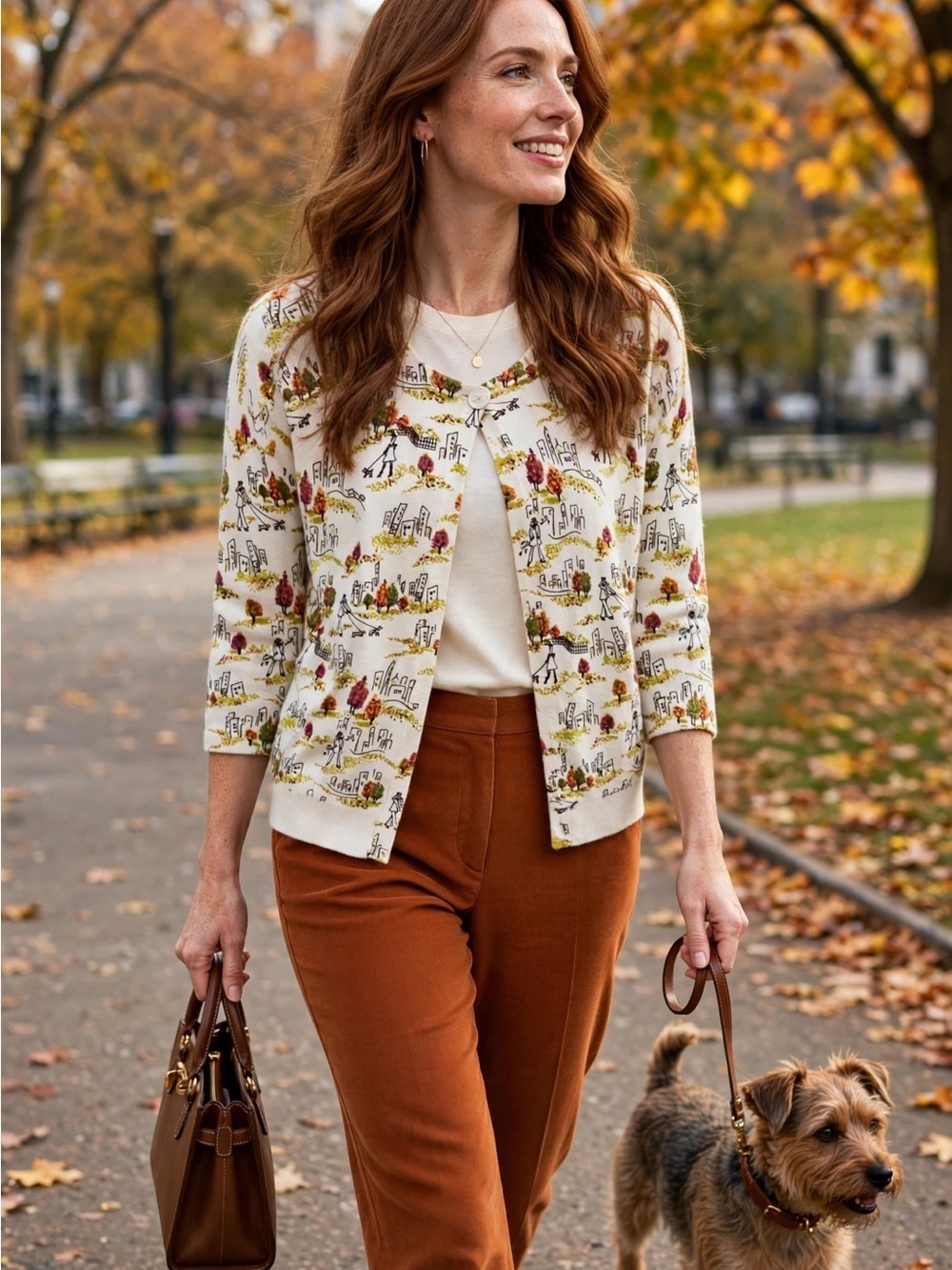Christopher & Banks Whimsical City Park Print Cardigan Large Cotton